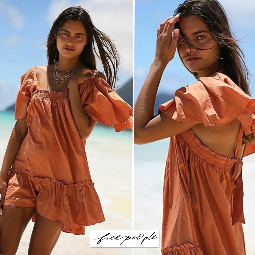 Free People Imogene Mini Dress Terra XS Orange Ruffle Boho Swing Square Neck